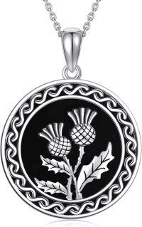 wholesale 925 Sterling Silver Round Thistle Flower Black Enamel Infinity Pendant Necklace for Women Girls Valentines Day Gifts Jewelry 45cm Chain Length-Scottish Thistle-A