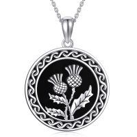 wholesale 925 Sterling Silver Round Thistle Flower Black Enamel Infinity Pendant Necklace for Women Girls Valentines Day Gifts Jewelry 45cm Chain Length-Scottish Thistle-A