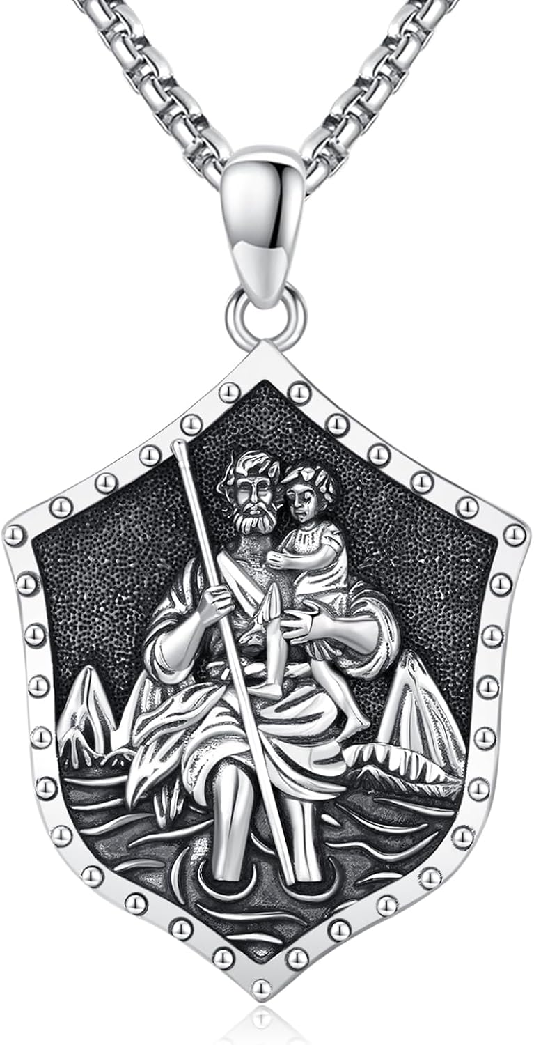 wholesale 925 Sterling Silver Saint Christopher Shield Necklace for Men Women Catholic Protection  47cm Chain Length-0-0