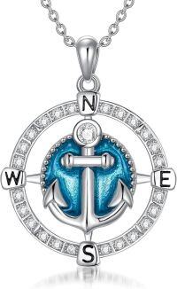 wholesale 925 Sterling Silver Blue Enamel Anchor Compass Necklace w/Celtic Knot Pendant s for Her Him 30cm Long Chain-Zircon-Compass Anchor