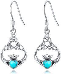 wholesale 925 Sterling Silver Turquoise Heart Claddagh Drop Earrings with Celtic Knots Irish  for Women and Girls-Claddagh Turquoise