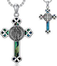 wholesale 925 Sterling Silver Cross Pendant with Abalone Shell and Religious Figures - Perfect Gift for Women & Men-St Benedict
