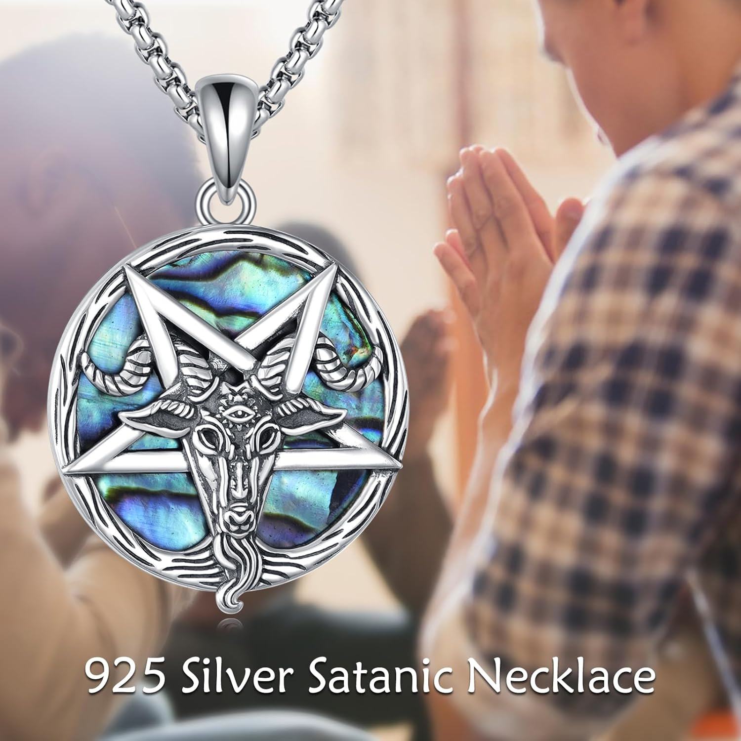  Sterling Silver Satanic Goat Head Pendant w Inverted Pentagram -0-3