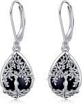 wholesale 925 Sterling Silver Black Tourmaline Tree of Life Dangle Earrings, Hypoallergenic Gift for Women-0-0