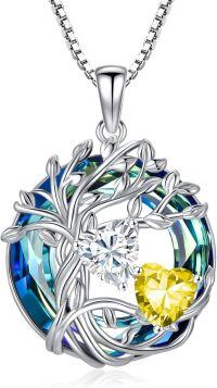 wholesale 18K White Gold Filled Sterling Silver Family Tree Pendant with 2 Heart Birthstones Blue Austrian Crystal Necklace for Women-04-11-Apr-Nov Birthstone