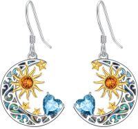 wholesale 925 Sterling Silver Heart Birthstone Sun Moon Dangle Drop Earrings for Women Mom-Aquamarine Mar.