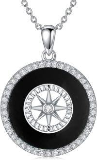 wholesale Sterling Silver Stone Compass Pendant Necklace Women s Graduation Jewelry Gift-C-Black Onyx