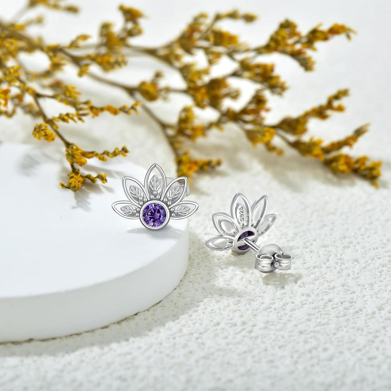 Sterling Silver Amethyst Flower Stud Earrings for Women Girls Mum Gifts-0-4