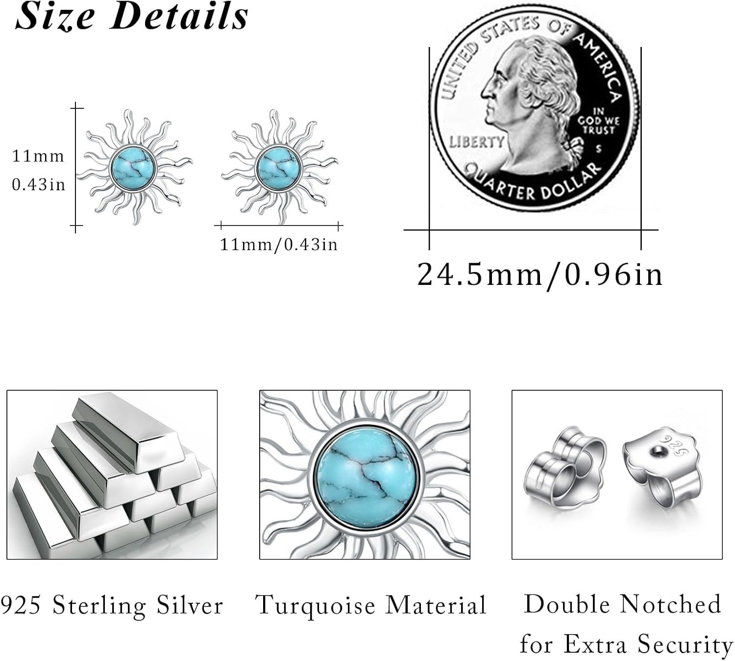 Sterling Silver Turquoise Sun Stud Dangle Earrings for Women-0-4