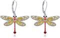 wholesale 925 Sterling Silver Yellow Enamel Red Crystal Dragonfly Leverback Drop Earrings-0-0