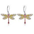 wholesale 925 Sterling Silver Dragonfly White Gold Plated Enamel Red Zircon Drop Earrings-0-0