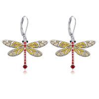 wholesale 925 Sterling Silver Dragonfly White Gold Plated Enamel Red Zircon Drop Earrings-Enamel Dragonfly