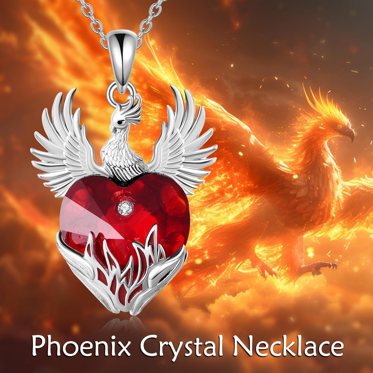 Sterling Silver Red Crystal Phoenix Pendant Necklace for Women-0-3
