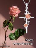 wholesale 925 Sterling Silver Rose Gold Plated Flower Cross Pendant Necklace for Women-0-4