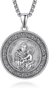 wholesale 925 Sterling Silver Saint Anthony Medal Pendant Necklace with Chain for Men & Women-F-Round Saint Anthony Medal