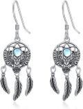 wholesale 925 Sterling Silver Dreamcatcher Feather Moonstone Drop Dangle Earrings for Women Girls  4cm Length-0-0