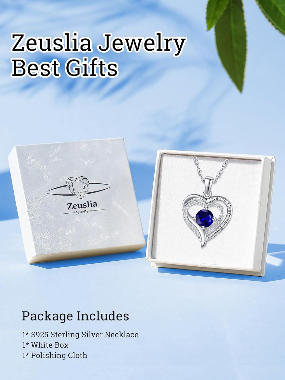 Sterling Silver White Gold Heart Pendant Necklace w Birthstone for Women-0-5