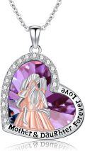 wholesale 925 Sterling Silver Purple Crystal Heart Pendant - Mother & Daughter Forever Love Necklace-0-0