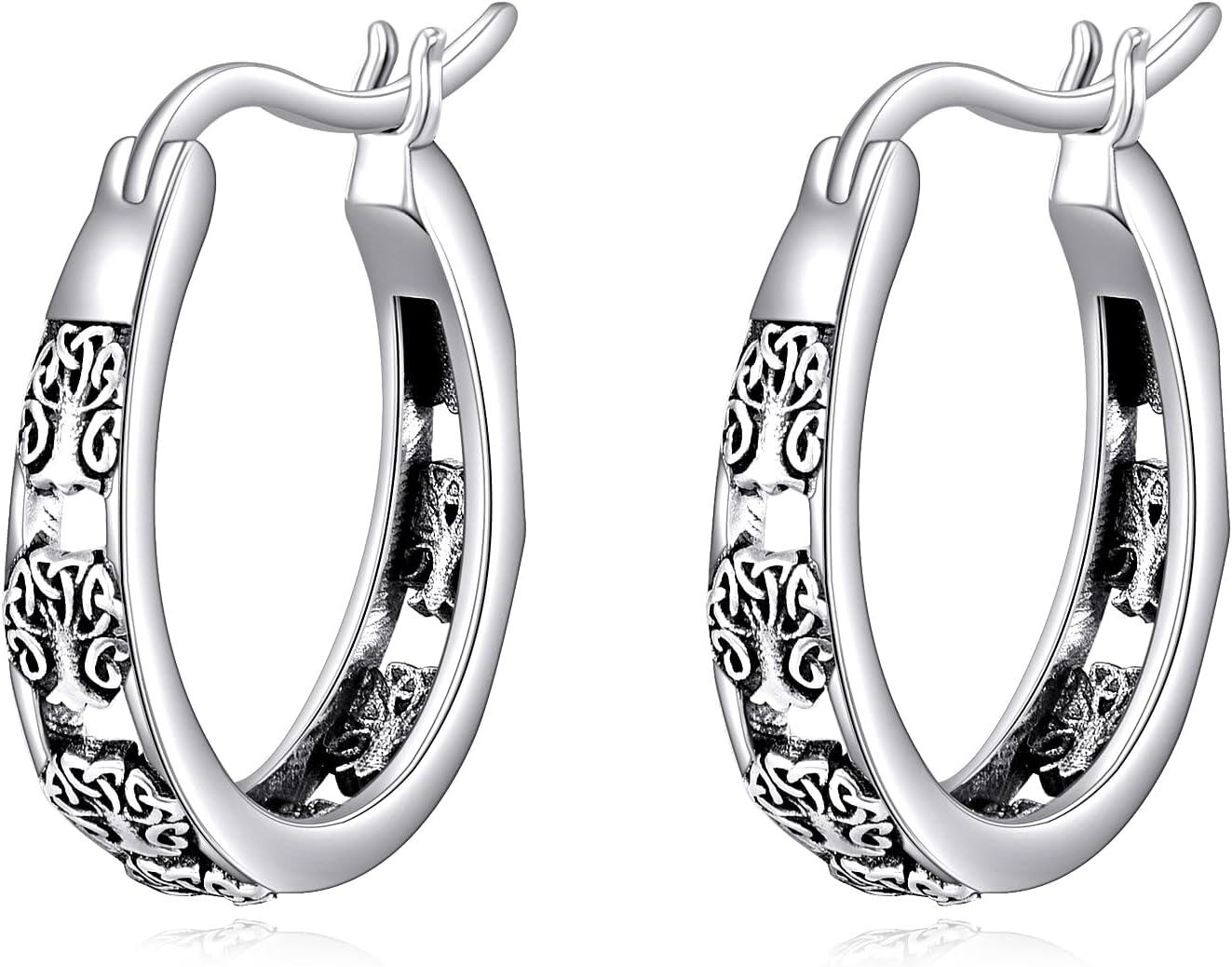 Sterling Silver Hypoallergenic Small Hoop Sun Leaf Triangle Huggie Earrings for Women-Tree of Life-B-Tree of Life-B