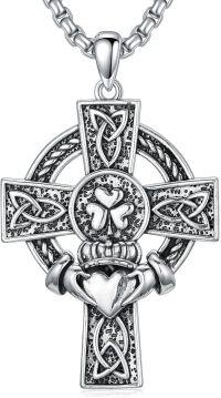 wholesale 925 Sterling Silver Celtic Knot Claddagh Shamrock Cross Pendant Necklaces for Men & Women Protection s with 24+2Rolo Chains (Gift Box Included)-A-Claddagh Cross