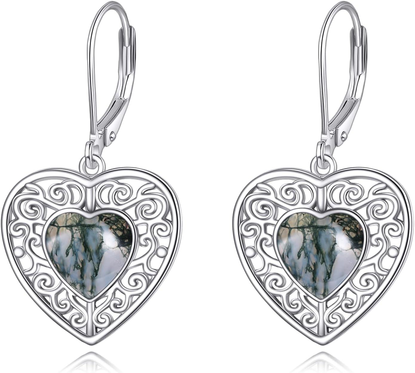 Sterling Silver Onyx Peridot Pink Moss Agate Turquoise Lapis Lazuli Heart Earrings-Moss Agate Earrings