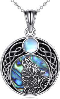 wholesale 925 Sterling Silver Abalone Shell Moonstone Howling Wolf Pendant Necklace-wolf necklace
