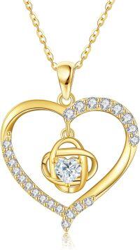 wholesale 14K Gold Heart Shaped Pendant Necklace with Cubic Zirconia and Knot Design - Valentines Day Gifts for Her-A-Love Knot-Moissanite