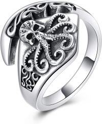 wholesale Metal 925 Sterling Silver Norse Vintage Boho Adjustable Open Spoon Ring Jewelry Gift-Octopus