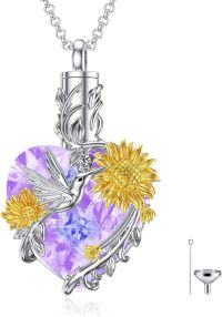 wholesale 925 Sterling Silver Heart Sunflower Hummingbird Cremation Keepsake Urn Necklace with Funnel and Fill Kit-Hummingbird Crystal-Purple