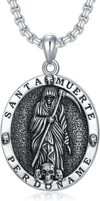 wholesale 925 Sterling Silver Santa Muerte Triple Moon Witch Knot Skull Cowboy Pendant Necklace-B1-Santa Muerte