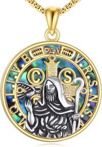 wholesale 925 Sterling Silver Round Pendant with Abalone Shell and Saint Medal - Mens Religious s-Saint Benedict