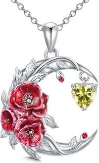 wholesale 925 Sterling Silver Birthstone Crescent Moon Floral Pendant Necklace-08-Aug-Poppy