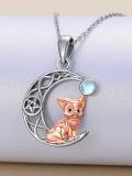 wholesale 925 Sterling Silver Rose Gold Cat on Crescent Moon with Blue Stone and Pentagram Necklace-0-3