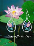 wholesale 925 Sterling Silver Dragonfly Lotus Flower Teardrop Drop Earrings for Women-0-5