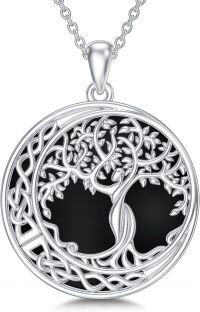 wholesale 925 Sterling Silver Round Black Onyx and White Moonstone Tree of Life Pendant Necklace-Black Onyx Tree of Life