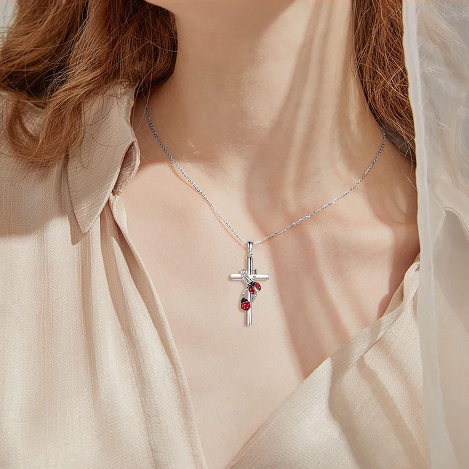 wholesale 925 Sterling Silver Ladybug Cross Pendant Necklaces for Women Gift Ideas-0-4