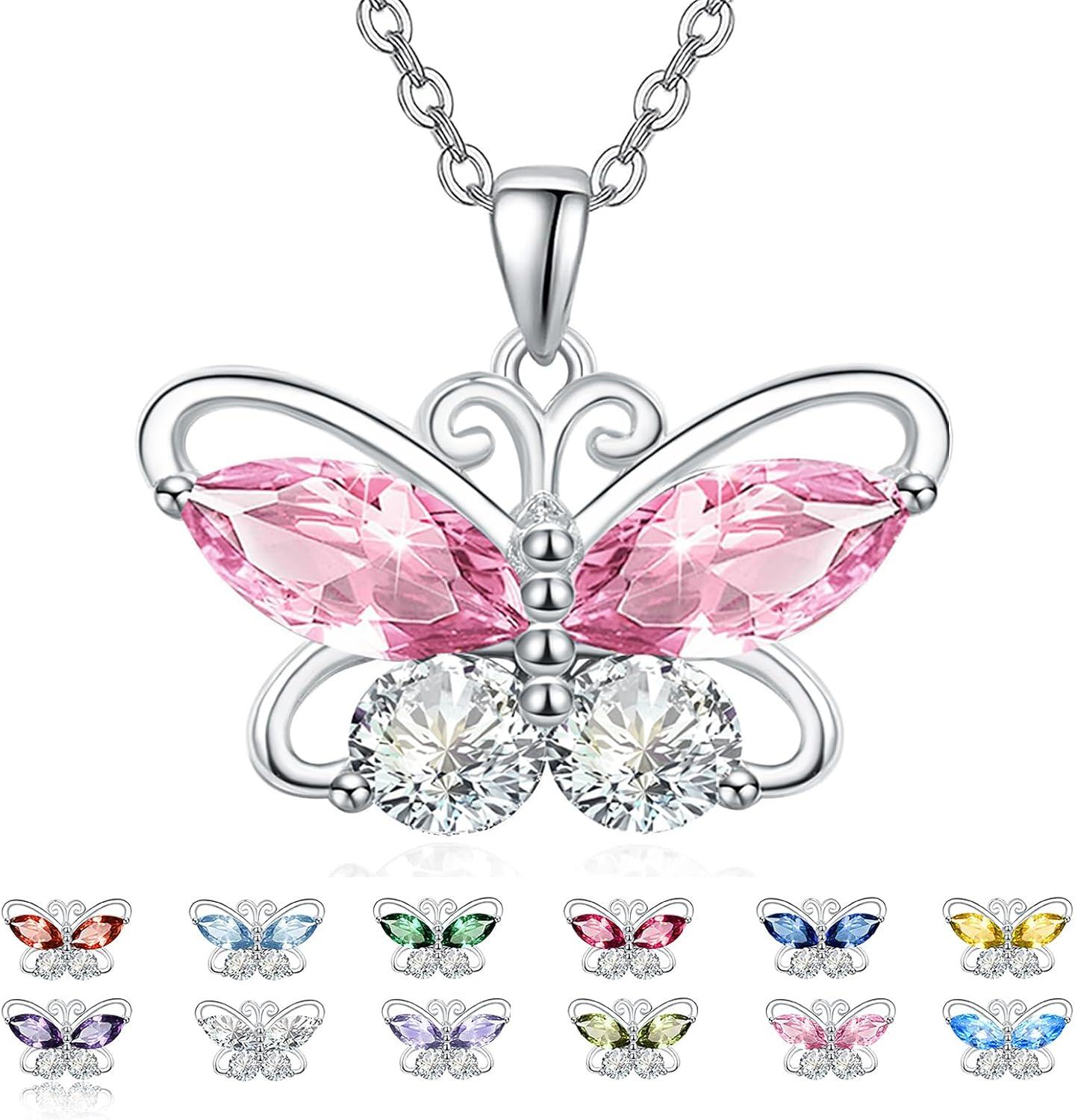 Sterling Silver Cubic Zirconia 12 Birthstone Butterfly Pendant Necklace-10-Oct.