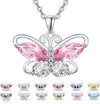 wholesale 925 Sterling Silver Cubic Zirconia 12 Birthstone Butterfly Pendant Necklace-10-Oct.