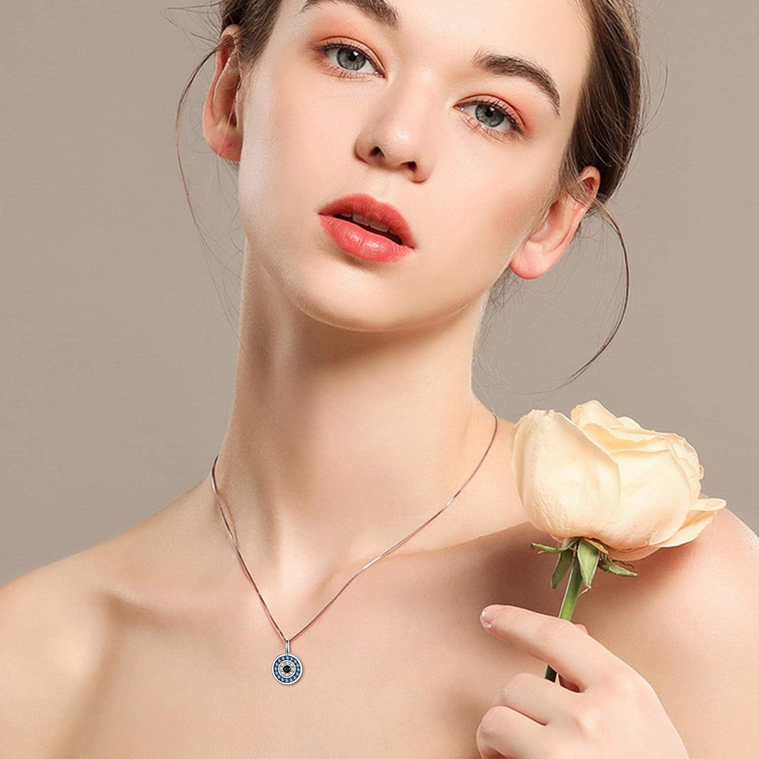 925 Sterling Silver Round Blue Crystal Evil Eye Pendant Necklace for Women Greek Protection s-0-1