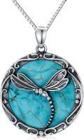 wholesale 925 Sterling Silver Round Genuine Turquoise Dragonfly Pendant Necklace-0-0