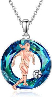 wholesale 925 Sterling Silver Blue Crystal Football Player Pendant Necklace for Women Girls-Soccer