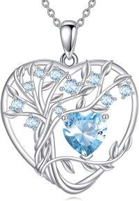 wholesale 925 Sterling Silver Birthstone Tree of Life Heart Pendant Necklace for Women-C March Blue