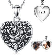 wholesale 925 Sterling Silver 925 Oxidized Rose Floral Heart Locket Necklace for Women & Mother¡¯s Day Gifts-Rose Locket+Photo-Rose Locket+Photo+Text-Rose