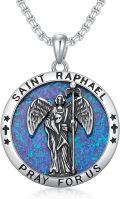 wholesale 925 Sterling Silver Blue Opal Saint Raphael Angel Prayer Medal Pendant Necklace -0-0