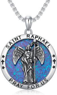 wholesale 925 Sterling Silver Blue Opal Saint Raphael Angel Prayer Medal Pendant Necklace -Saint Raphael