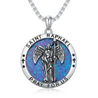wholesale 925 Sterling Silver Blue Opal Saint Raphael Angel Prayer Medal Pendant Necklace -Saint Raphael