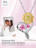 wholesale S925 Sterling Silver with 2-Carat Tourmaline Sunflower Birthstone Pendant Necklace for Women, Love Gift-0-4