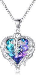 wholesale 925 Sterling Silver Blue & Purple Austrian Crystal Caduceus Angel Wings Heart Nurse Pendant Necklace-0-0