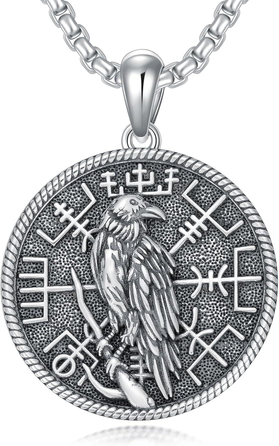 wholesale 925 Sterling Silver Raven Bird Round Medallion Pendant Necklace with Chain for Women and Men Gifts-0-0