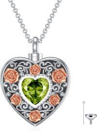 wholesale Sterling Silver Birthstone Angel Wing Cross Rose Heart Cremation Urn Necklace for Women with Funnel Kit ( chars)-Heart Non-personalized 08-Aug-Peridot